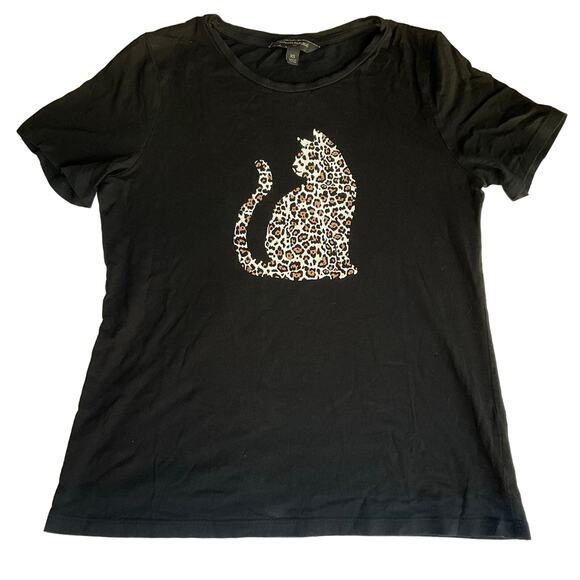 Banana Republic Women Summer Short Sleeve Tee w Leopard Cat, Black, size XS - Picture 1 of 8